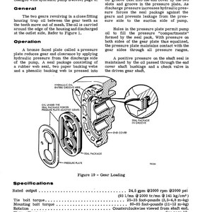 May include: Diagram of a hydraulic pump D49241 (TRW) with labeled parts, including a pressure plate, seal package, and end cover. Specifications include rated output, tie bolt torque, and mounting bolt torque.