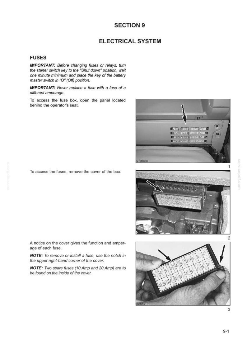 May include: Diagram from a vehicle's electrical system manual, showing the location of fuses. The image includes text instructions and diagrams for accessing and replacing fuses, with close-ups of the fuse box and cover.