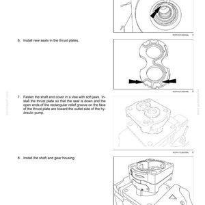 May include: Diagram of hydraulic system components, including a snap ring, thrust plates, and a shaft end gear housing. The image is a technical illustration with arrows indicating assembly steps.