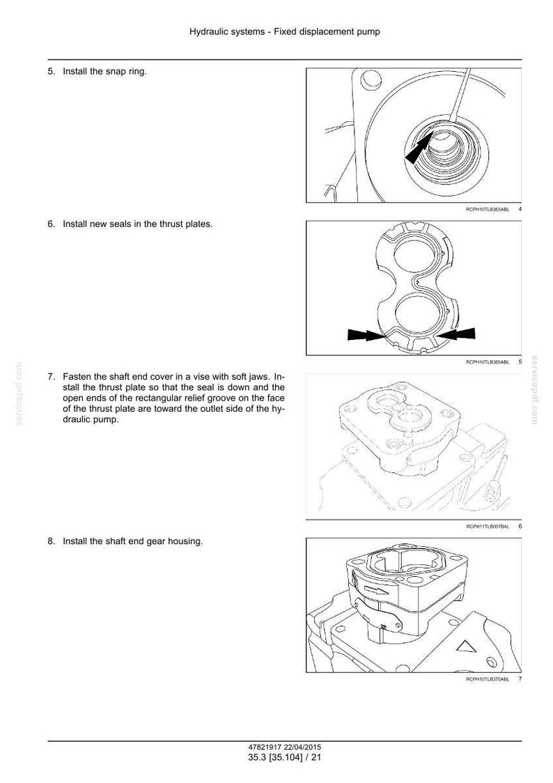 May include: Diagram of hydraulic system components, including a snap ring, thrust plates, and a shaft end gear housing. The image is a technical illustration with arrows indicating assembly steps.
