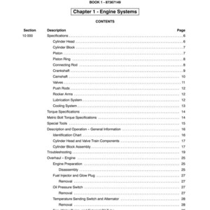 May include: A page from a manual titled "SECTION 10 - ENGINE" with the text "Chapter 1 - Engine Systems." The table of contents lists engine components like Cylinder Head, Piston, and Crankshaft. The page number is 3.
