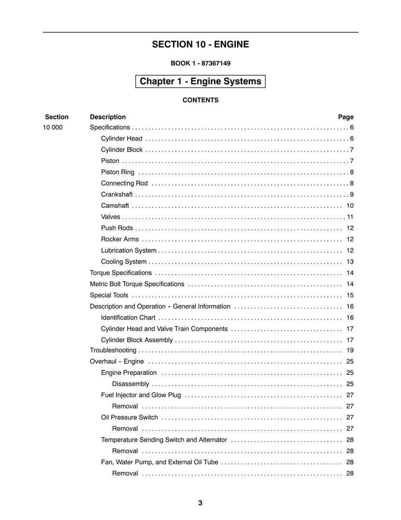 May include: A page from a manual titled "SECTION 10 - ENGINE" with the text "Chapter 1 - Engine Systems." The table of contents lists engine components like Cylinder Head, Piston, and Crankshaft. The page number is 3.
