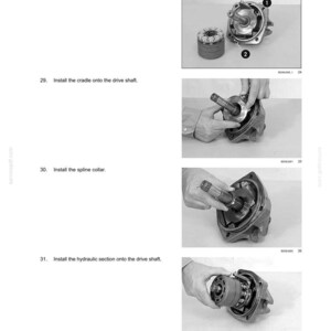 Puede incluir: Una p&aacute;gina de manual t&eacute;cnico titulada POWER TRAIN - TRANSMISSION Hydrostatic, que presenta cuatro fotograf&iacute;as instructivas en blanco y negro que muestran el montaje de un componente de transmisi&oacute;n hidrost&aacute;tica, incluyendo un brazo de cuna, eje de transmisi&oacute;n y collar&iacute;n estriado.