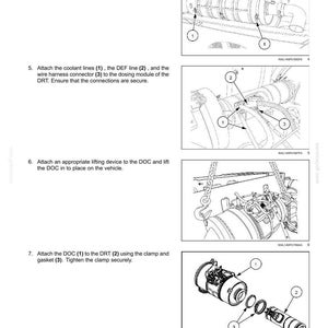Peut inclure: Diagrammes illustrant le processus de traitement des gaz d'&eacute;chappement par r&eacute;duction catalytique s&eacute;lective (SCR) pour un moteur. Les images montrent les &eacute;tapes de fixation, d'attache et de connexion de divers composants.