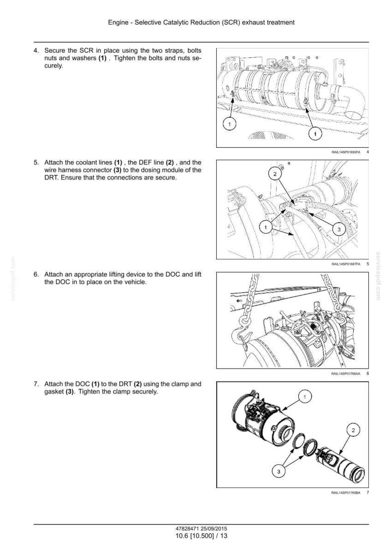 Peut inclure: Diagrammes illustrant le processus de traitement des gaz d'&eacute;chappement par r&eacute;duction catalytique s&eacute;lective (SCR) pour un moteur. Les images montrent les &eacute;tapes de fixation, d'attache et de connexion de divers composants.