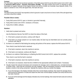 May include: Technical document detailing fault codes for an electrical system. The document covers the NH3 sensor, including possible failure modes and solutions. Includes wiring harness schematics and engine control information.