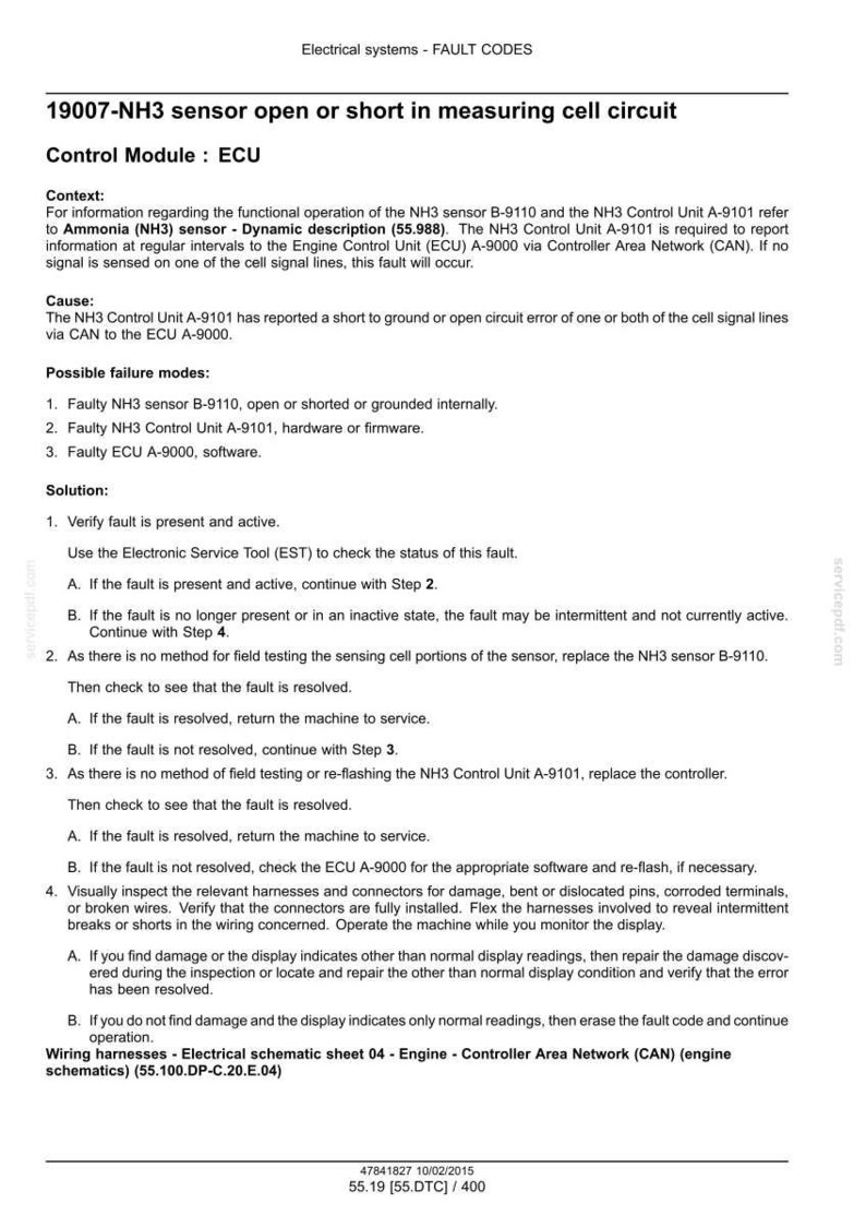 May include: Technical document detailing fault codes for an electrical system. The document covers the NH3 sensor, including possible failure modes and solutions. Includes wiring harness schematics and engine control information.