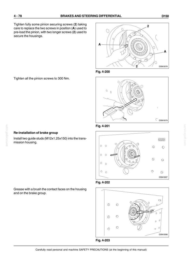 May include: Diagrams from a manual detailing the brakes and steering differential of a D150 vehicle. The images show steps for tightening screws, re-installing the brake group, and applying grease. Text includes instructions and figures.