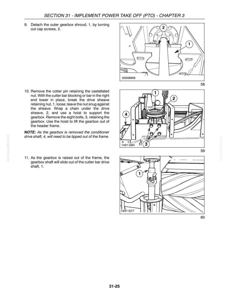 May include: A technical manual page titled SECTION 31 - IMPLEMENT POWER TAKE OFF (PTO) - CHAPTER 3, featuring three black and white line drawings with numbered labels 1 through 4, illustrating the removal process of a gearbox and drive shaft.