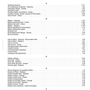 May include: A black and white index page from a technical manual, featuring alphabetical headings from A to F. The text lists various maintenance tasks and their corresponding page numbers, such as battery cleaning, engine oil checks, and cab air filters.