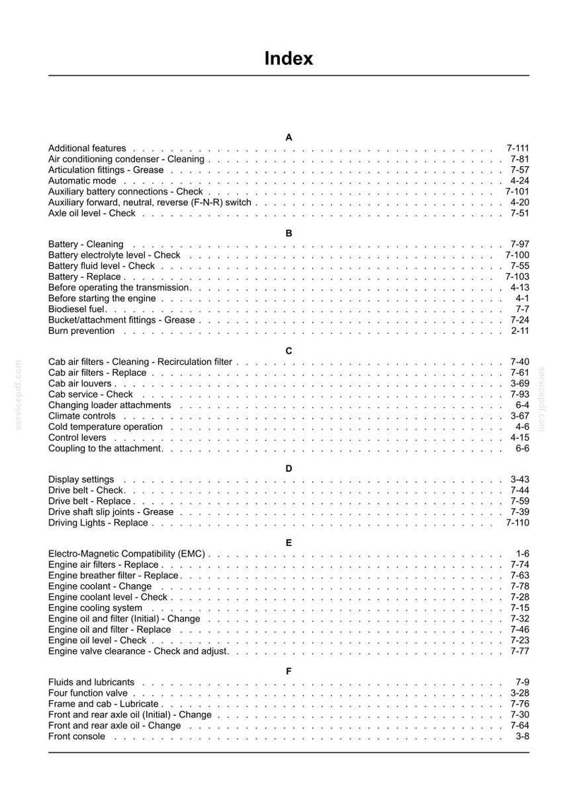 May include: A black and white index page from a technical manual, featuring alphabetical headings from A to F. The text lists various maintenance tasks and their corresponding page numbers, such as battery cleaning, engine oil checks, and cab air filters.