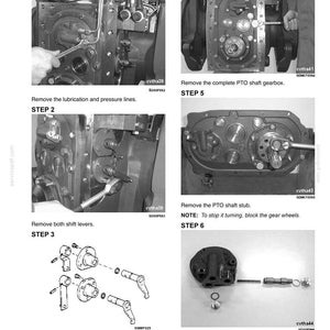 May include: A technical manual page titled PTO SHAFT GEARBOX 6008-23 detailing disassembly steps 1 through 6. The document features black and white photographs and an exploded view diagram showing mechanical components, wrenches, and shift levers.