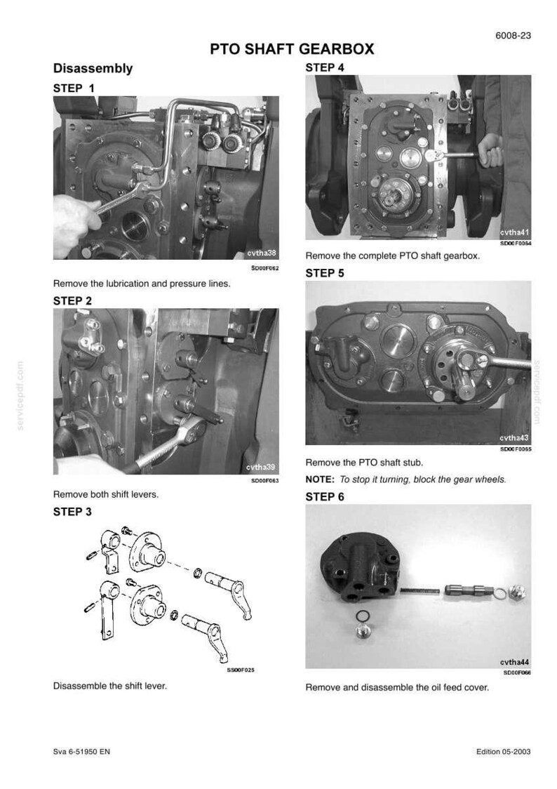 May include: A technical manual page titled PTO SHAFT GEARBOX 6008-23 detailing disassembly steps 1 through 6. The document features black and white photographs and an exploded view diagram showing mechanical components, wrenches, and shift levers.