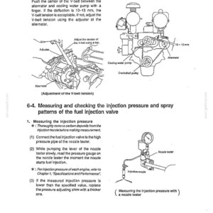 K&ouml;nnte beinhalten: Eine Seite aus einem technischen Handbuch mit dem Titel 6. Measurement, Inspection and Adjustment, mit schwarz-wei&szlig;en Strichzeichnungen von Motorkomponenten, einschlie&szlig;lich eines Diagramms zur Keilriemenspannung mit 10-15 mm Durchhang.