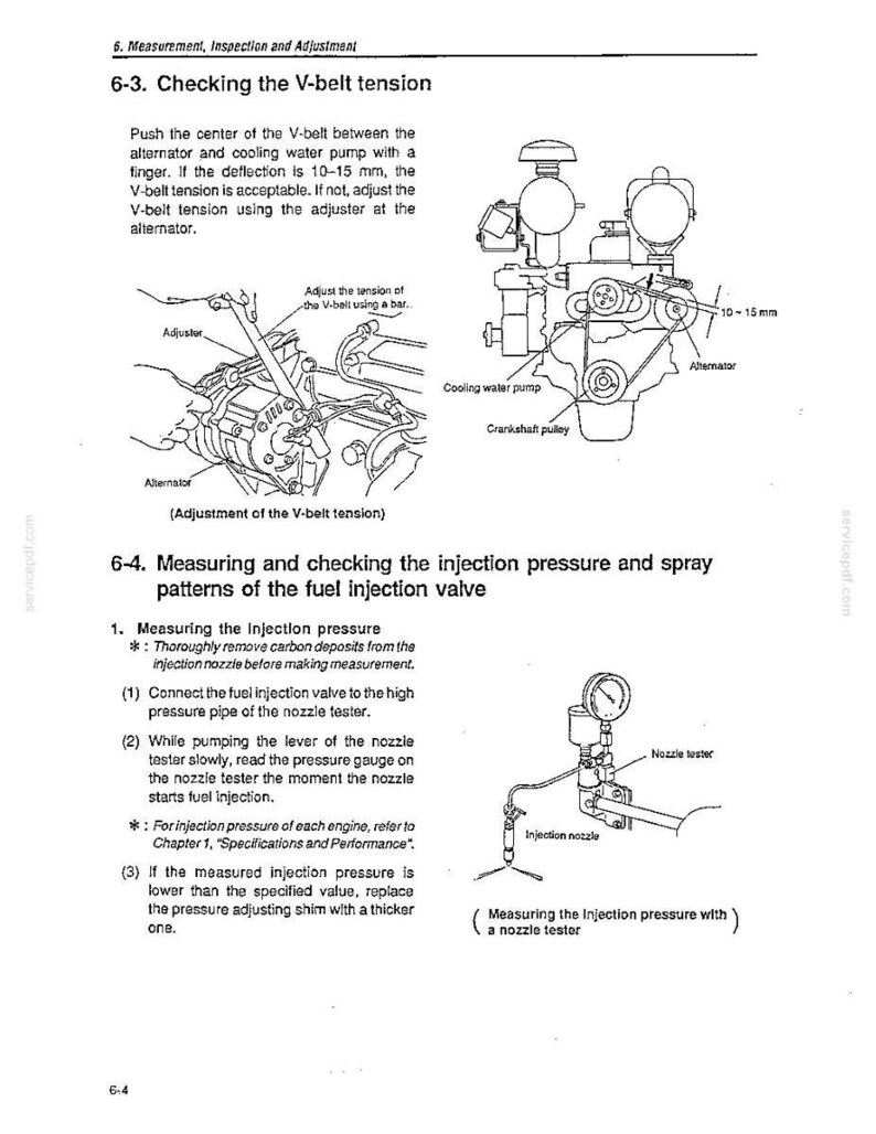 K&ouml;nnte beinhalten: Eine Seite aus einem technischen Handbuch mit dem Titel 6. Measurement, Inspection and Adjustment, mit schwarz-wei&szlig;en Strichzeichnungen von Motorkomponenten, einschlie&szlig;lich eines Diagramms zur Keilriemenspannung mit 10-15 mm Durchhang.