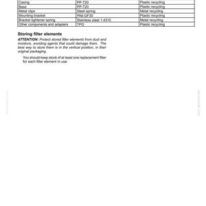 Puede incluir: Un diagrama t&eacute;cnico detallado titulado "Motor - Depuradores de aire y l&iacute;neas" enumera componentes como papel de filtro, muelles de acero y piezas de pl&aacute;stico. Incluye m&eacute;todos de eliminaci&oacute;n e instrucciones de almacenamiento.