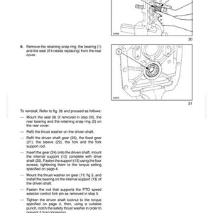 May include: Page from a manual detailing power take-off components. Includes diagrams of mechanical parts with labels and instructions for removal and reinstallation. Text includes steps for reassembly and torque settings.