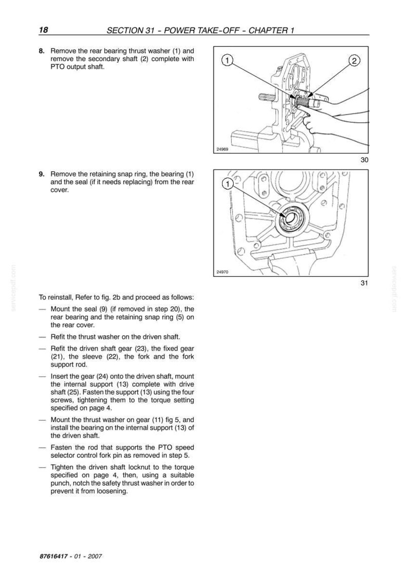May include: Page from a manual detailing power take-off components. Includes diagrams of mechanical parts with labels and instructions for removal and reinstallation. Text includes steps for reassembly and torque settings.