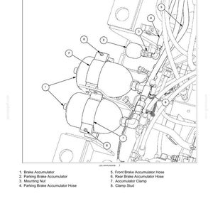 May include: Diagram of hydraulic service brakes, labeled "Accumulator - Install." The image shows two accumulators, hoses, clamps, and other components. Text labels identify each part, including brake and parking brake accumulators.