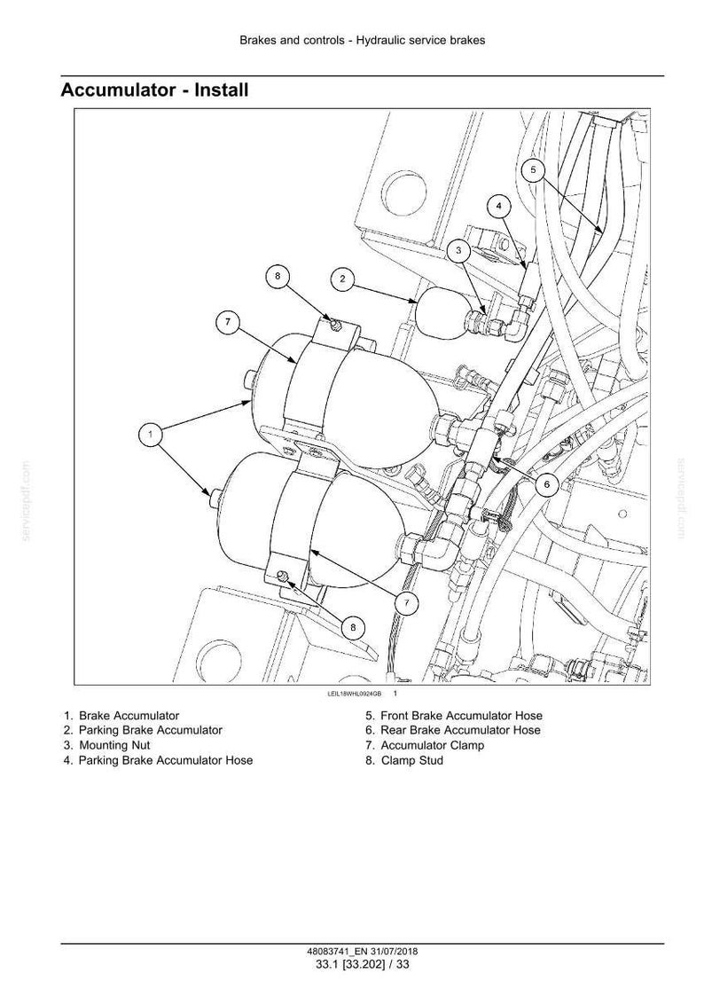 May include: Diagram of hydraulic service brakes, labeled "Accumulator - Install." The image shows two accumulators, hoses, clamps, and other components. Text labels identify each part, including brake and parking brake accumulators.