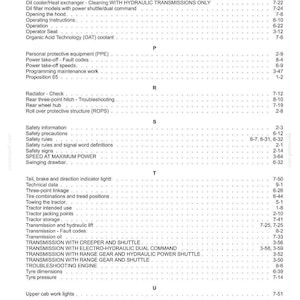 May include: A black and white index page from a technical manual, listing topics from N to W, including Noise level, Odometer, Personal protective equipment, Radiator, Safety information, Tail lights, Transmission, Upper cab work lights, and Wheels.
