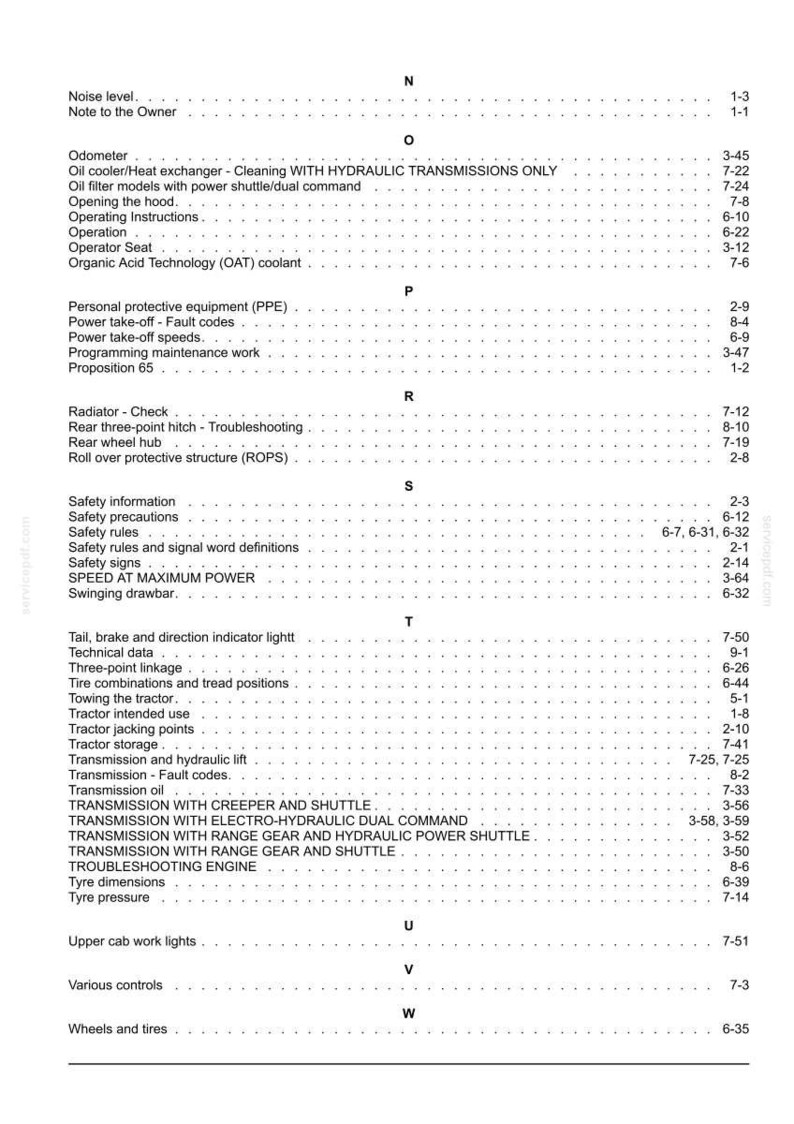 May include: A black and white index page from a technical manual, listing topics from N to W, including Noise level, Odometer, Personal protective equipment, Radiator, Safety information, Tail lights, Transmission, Upper cab work lights, and Wheels.