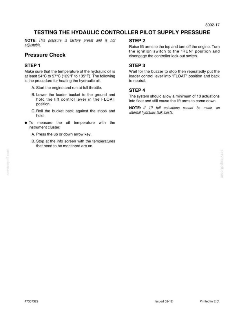 May include: A white document with black text detailing the procedure for testing the hydraulic controller pilot supply pressure. Includes steps, notes, and temperature ranges in Fahrenheit.