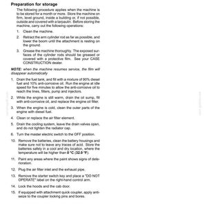 May include: A page from a maintenance manual detailing storage preparation for a machine. Instructions include cleaning, greasing, draining fluids, and removing batteries. Text includes "DO NOT OPERATE" label.