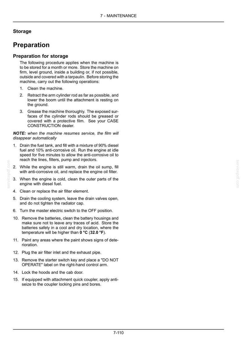 May include: A page from a maintenance manual detailing storage preparation for a machine. Instructions include cleaning, greasing, draining fluids, and removing batteries. Text includes "DO NOT OPERATE" label.