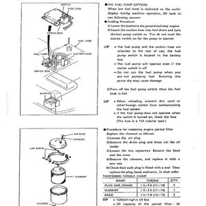 Puede incluir: Una p&aacute;gina de manual t&eacute;cnico con diagramas para un sistema de bomba de combustible y un filtro parcial de motor. La secci&oacute;n de la bomba muestra una caja de interruptores, fusible y conexiones de manguera. La secci&oacute;n del filtro muestra una vista explosionada de piezas que incluyen tap&oacute;n de aire, junta, tornillos, banda, elemento y tap&oacute;n de drenaje, junto con una tabla de par de apriete.