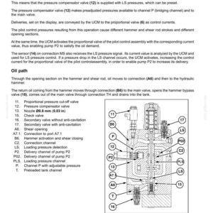 May include: Diagram of a hydraulic system with labeled components, including valves, channels, and a nozzle of 0.8 mm. The diagram illustrates the power setting and oil path within the system, with text descriptions and numbered parts.