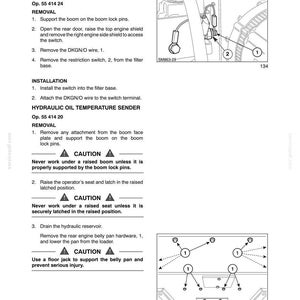 May include: A technical manual page titled Section 55 Electrical System, featuring instructions for a hydraulic oil filter restriction switch and temperature sender. It includes two black and white line drawings with numbered components.