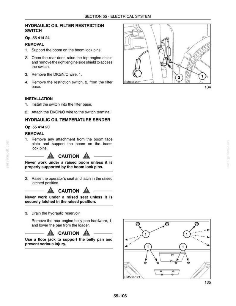 May include: A technical manual page titled Section 55 Electrical System, featuring instructions for a hydraulic oil filter restriction switch and temperature sender. It includes two black and white line drawings with numbered components.