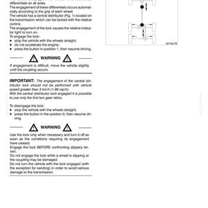 Pu&ograve; includere: Pagina di un manuale del veicolo con istruzioni per l'uso del bloccaggio del differenziale. Il testo include avvertenze e diagrammi. La pagina &egrave; bianca con testo e diagrammi neri.