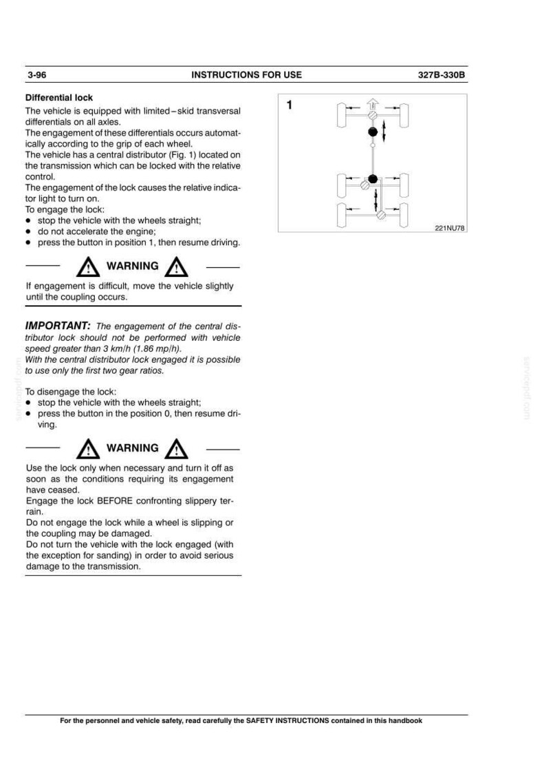 Pu&ograve; includere: Pagina di un manuale del veicolo con istruzioni per l'uso del bloccaggio del differenziale. Il testo include avvertenze e diagrammi. La pagina &egrave; bianca con testo e diagrammi neri.