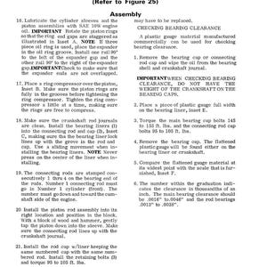 May include: A page from a manual detailing piston, connecting rod, and piston ring assembly. The text includes instructions for lubricating, installing, and checking clearances, with references to figures and insets.