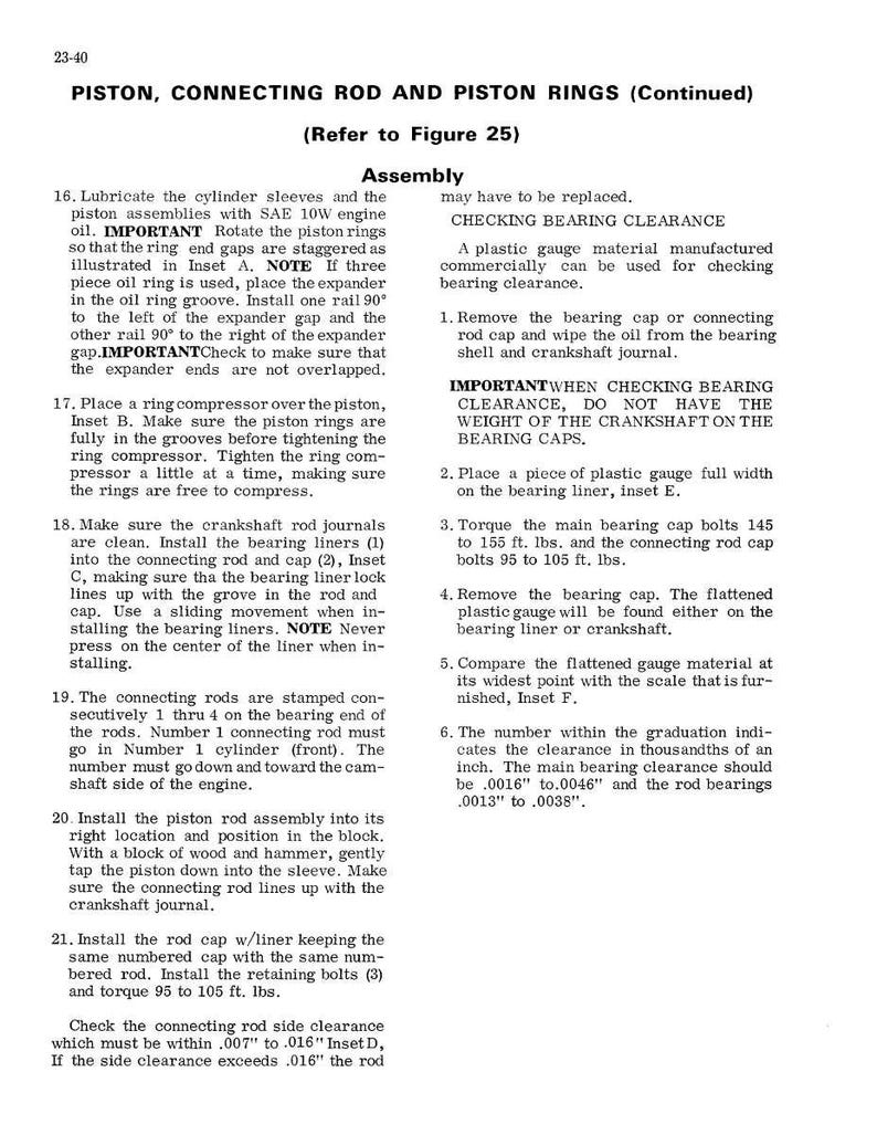 May include: A page from a manual detailing piston, connecting rod, and piston ring assembly. The text includes instructions for lubricating, installing, and checking clearances, with references to figures and insets.