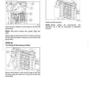 May include: Diagram of mechanical components with numbered parts and torque specifications. Includes instructions for installing a filter element and securing pipes and nuts. Text includes "STEP 32", "STEP 33", and "STEP 34".