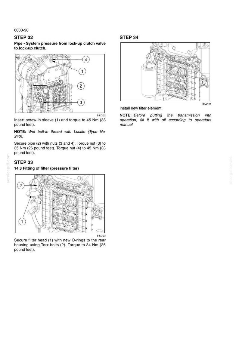 May include: Diagram of mechanical components with numbered parts and torque specifications. Includes instructions for installing a filter element and securing pipes and nuts. Text includes "STEP 32", "STEP 33", and "STEP 34".