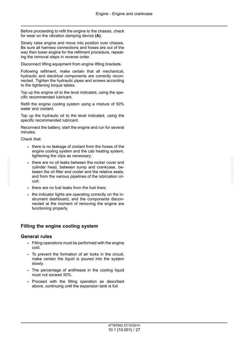 Op de afbeelding: Een pagina uit een handleiding met instructies voor het terugplaatsen van de motor. De tekst bevat instructies voor het controleren van onderdelen, het bijvullen van vloeistoffen en algemene regels. Het document is gedateerd 27-10-2014.