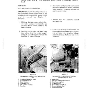 May include: A black and white technical diagram from a manual, detailing the hydraulic lift external control linkage for Ford 5610, 6610, and 7610 models. The diagram includes labeled parts and figures for removal and installation.