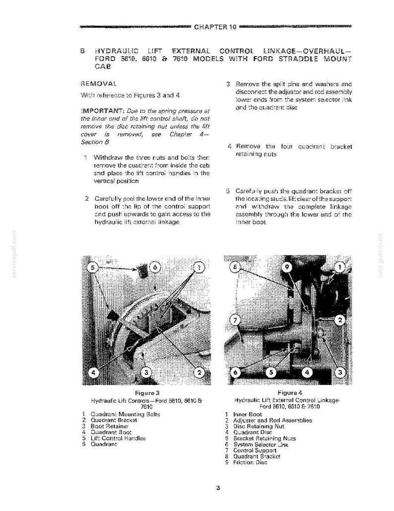 May include: A black and white technical diagram from a manual, detailing the hydraulic lift external control linkage for Ford 5610, 6610, and 7610 models. The diagram includes labeled parts and figures for removal and installation.
