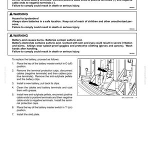 May include: Page from a maintenance manual detailing instructions for changing a battery. The page includes safety warnings about electrical shock, bystanders, and battery acid. A diagram illustrates the battery replacement steps.