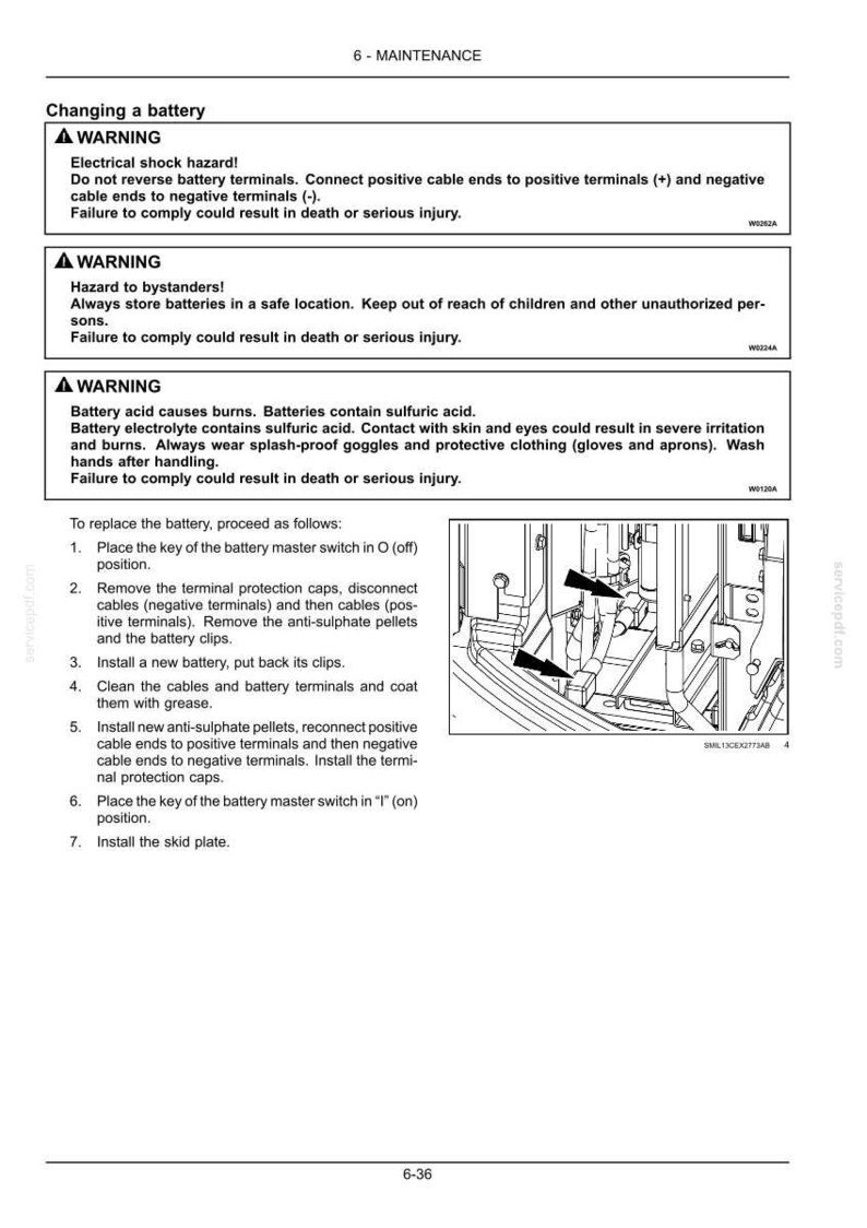 May include: Page from a maintenance manual detailing instructions for changing a battery. The page includes safety warnings about electrical shock, bystanders, and battery acid. A diagram illustrates the battery replacement steps.
