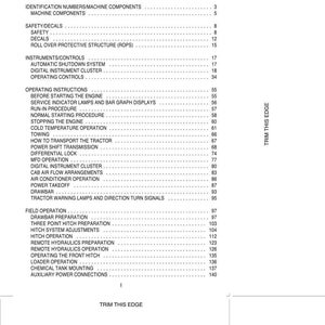 May include: A black and white document page titled GENERAL TABLE OF CONTENTS, listing sections for a tractor manual including safety, instruments, operating instructions, and field operation, with page numbers and the text TRIM THIS EDGE.