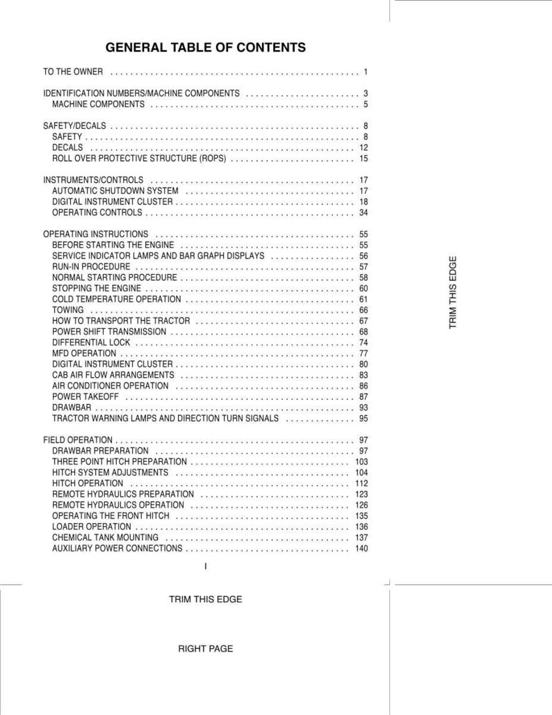 May include: A black and white document page titled GENERAL TABLE OF CONTENTS, listing sections for a tractor manual including safety, instruments, operating instructions, and field operation, with page numbers and the text TRIM THIS EDGE.