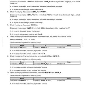 May include: A detailed technical document with troubleshooting steps for electrical systems, including fault codes and connector checks. The document includes tables with 'From', 'To', and 'Value' columns, and instructions for using a multimeter.