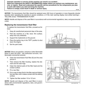 May include: A maintenance manual page explaining transmission filter replacement for models with "Direct Drive" transmission. The text includes safety warnings, instructions, and diagrams of the machine and filter components. Measurements are in inches.