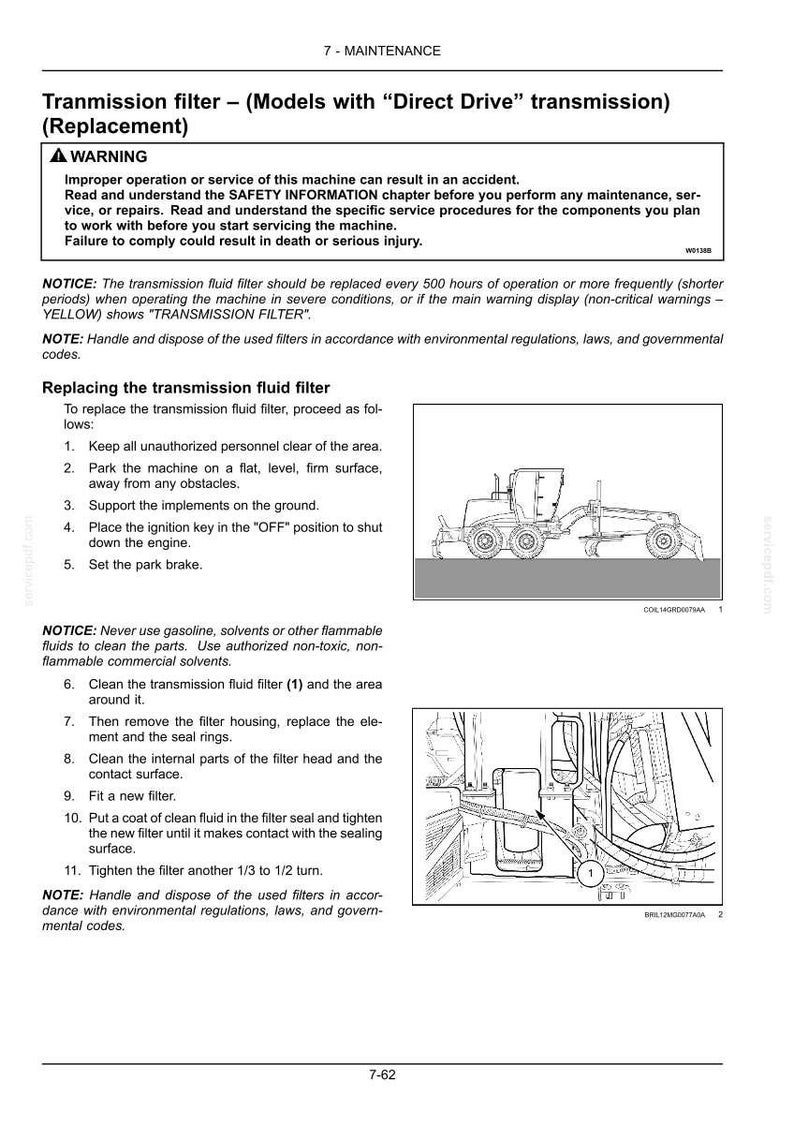May include: A maintenance manual page explaining transmission filter replacement for models with "Direct Drive" transmission. The text includes safety warnings, instructions, and diagrams of the machine and filter components. Measurements are in inches.