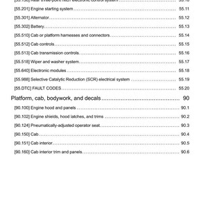 May include: A white document with black text detailing various vehicle systems, including HVAC controls, harnesses, engine components, and cab features. The document also lists platform, cab, bodywork, and decal components.